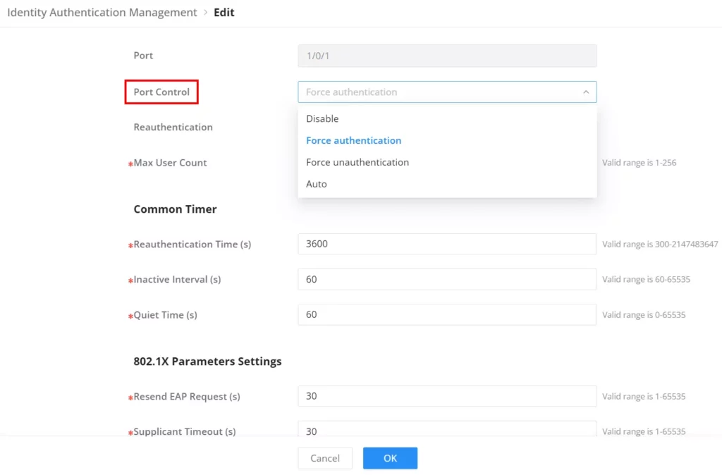 Identity authentication managment switch port - Documentation Center