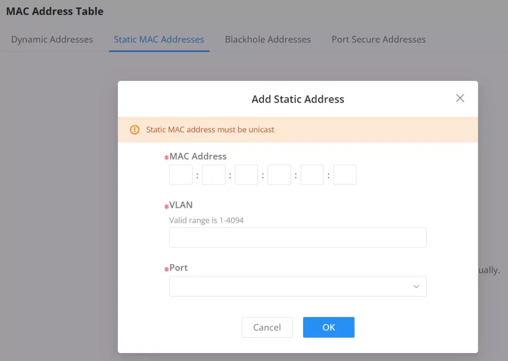 mac-address-table-static-mac-address - Documentation Center