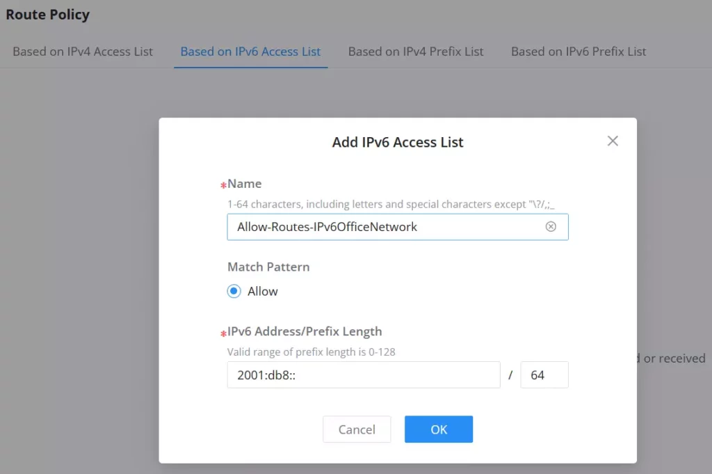 route-policy-based-on-ipv6-access-list - Documentation Center