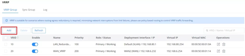 Add VRRP button - Documentation Center