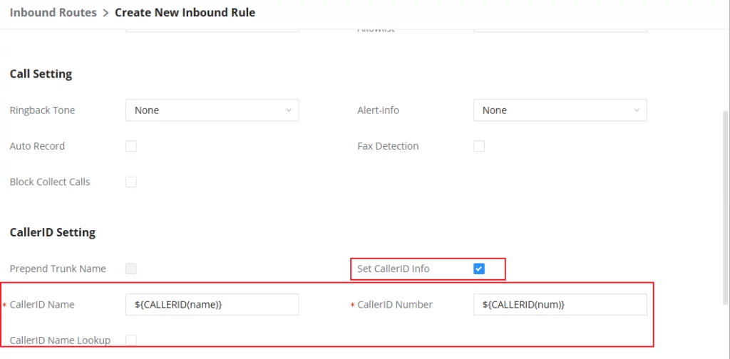 Inbound Route CallerID Settings - Documentation Center