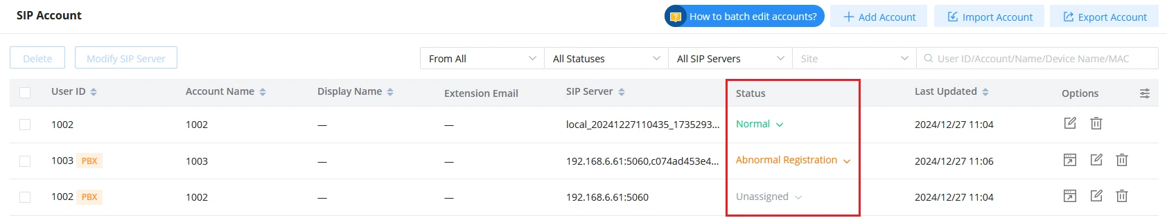 SIP Account Status - Documentation Center