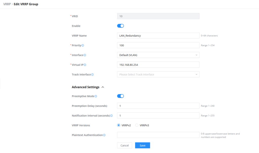 VRRP group settings - Documentation Center