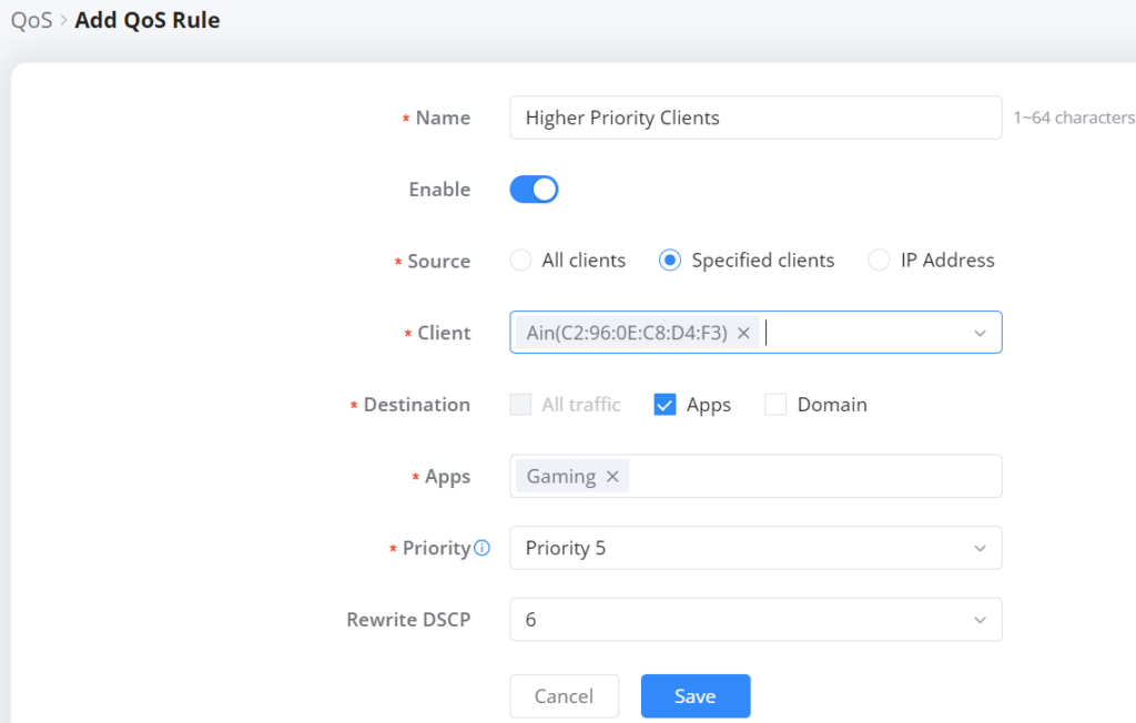 Qos-part-4-after-clicking-add-on-the-qos-rules-tab-adding-a-qos-rule-for-clients-or-ip-for-apps-all-traffic-domain-by-category-or-app-then-set-the-priority-anad-dscp - Documentation Center