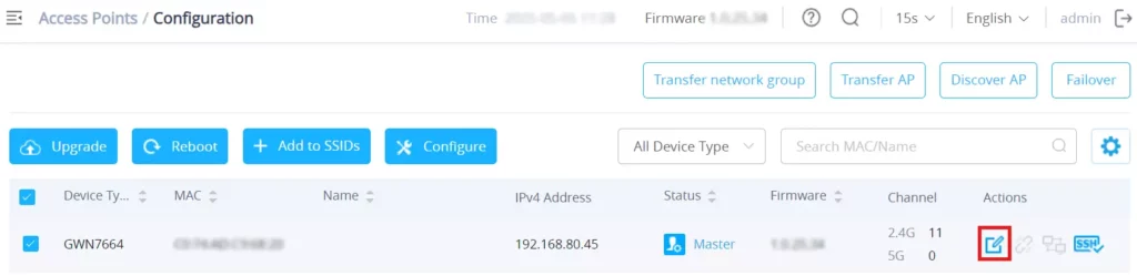 1 - access point configuraiton page click on edit icon or configure button to configure the access point - Documentation Center