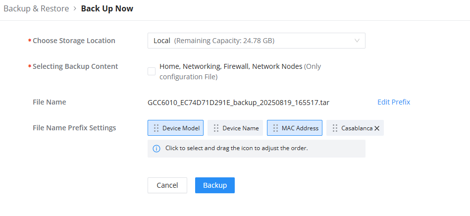GCC Backup Restore Back Up Now Prefix Settings - Documentation Center