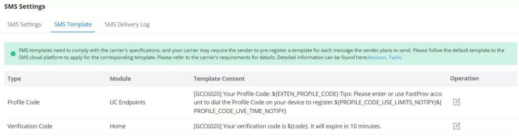 SMS Template - Documentation Center