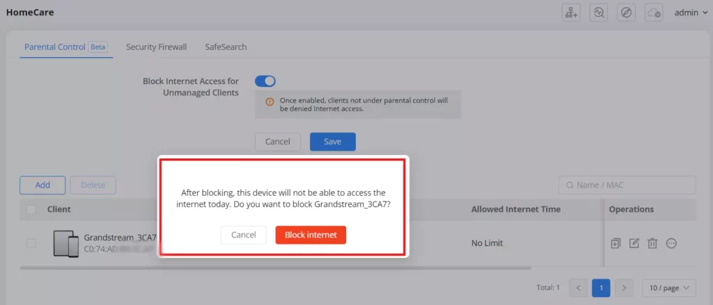 4 homecare parental control Block internet option after clicking on block internet - Documentation Center