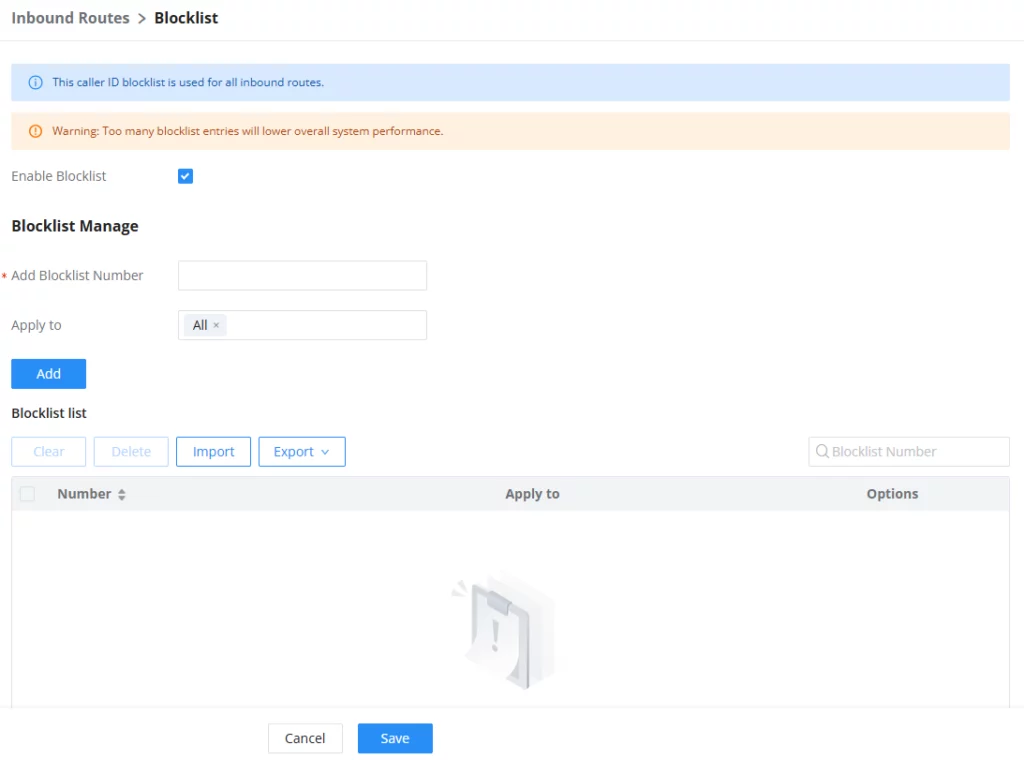 Inbound Route Blocklist Configuration - Documentation Center