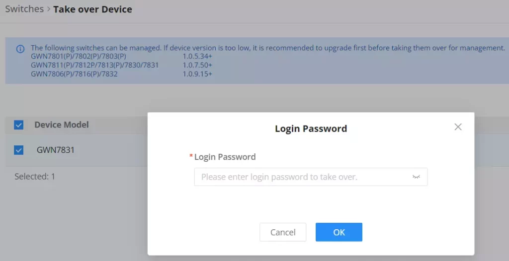 Taking over a switch - login password - Documentation Center