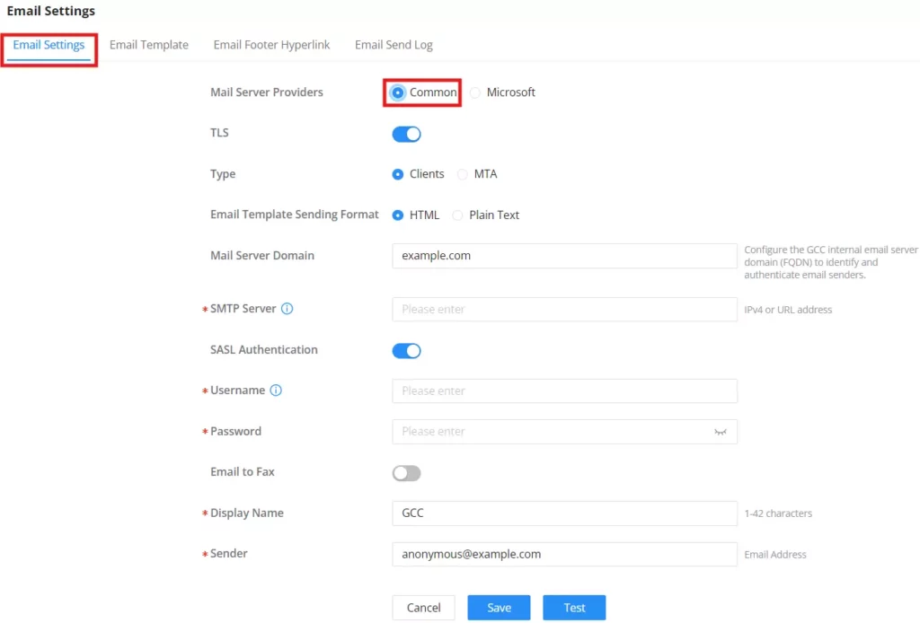 gcc6020 home module email settings mail server providers common option - Documentation Center