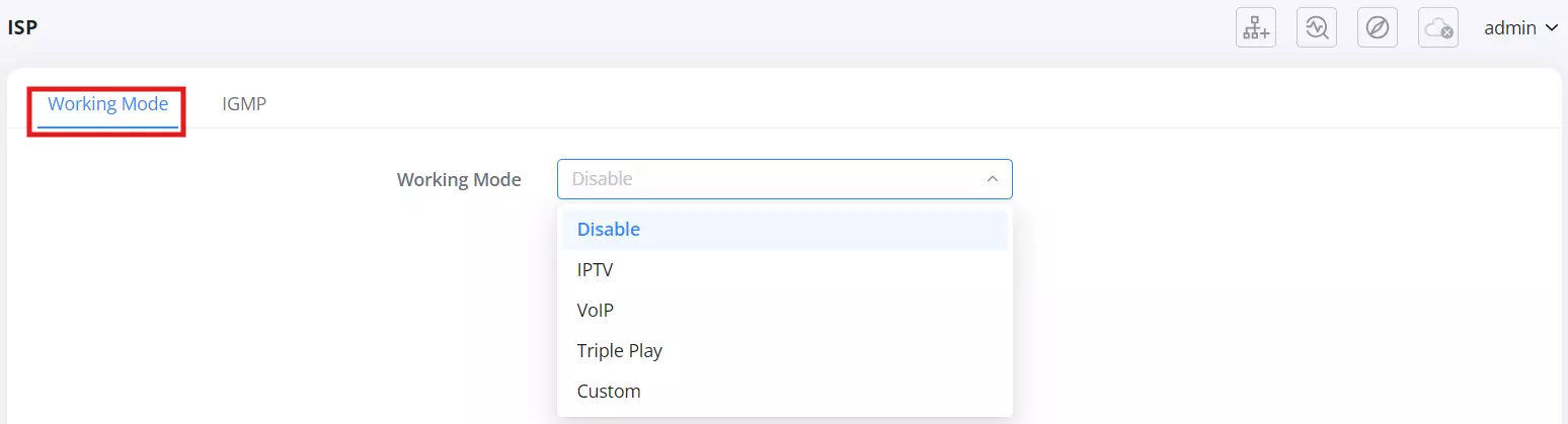 1 advanced → Intenet settings → ISP → working mode tab - working modes list available - Documentation Center