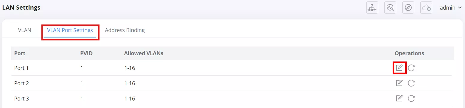 1 advanced → internet settigns → lan settings - click on the edit icon to modify the port vlan pvid and allowed vlans - Documentation Center