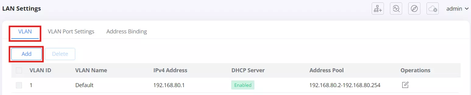 1 advanced → lan settigns → vlan tab - to add a vlan click on add button the default vlan vlan id 1 cant be deleted can be onlyl modified - Documentation Center