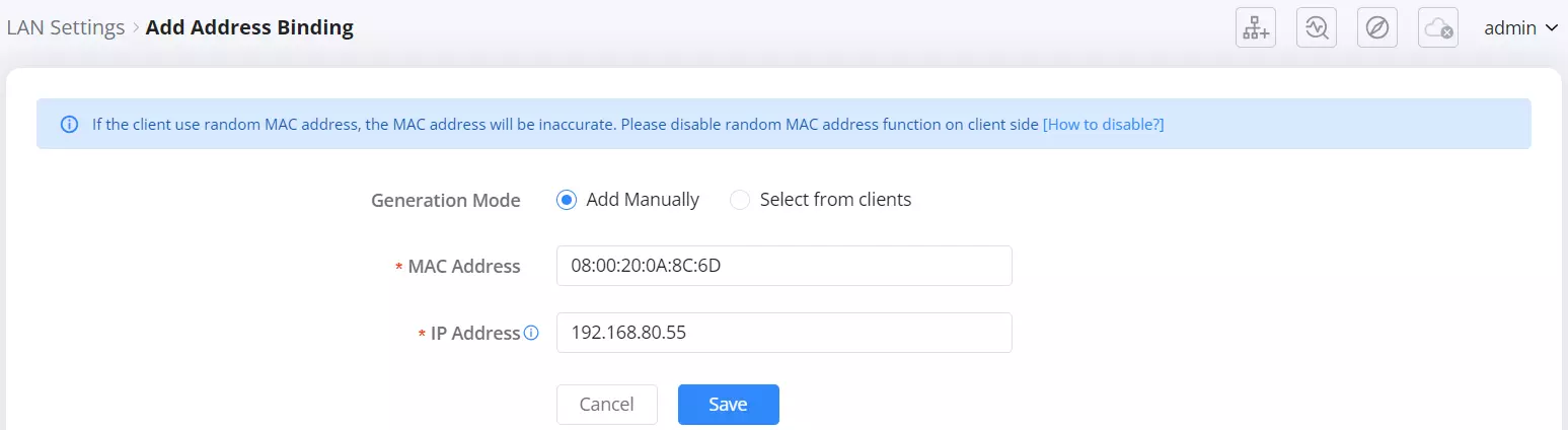 2 after clickin on the add button - the binding or geneation mode is based either on add manally the mac address and ip address - Documentation Center