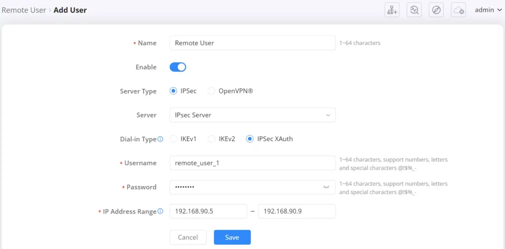 3 remote users - IPSec option with dial in type set to ipsec xauth - Documentation Center