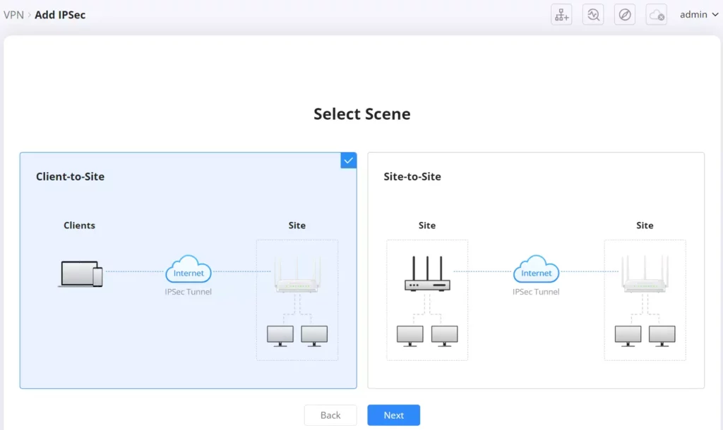 4 after clickin on the ipsec option then we have 2 option client to site and site to site the user can selec one to complete the setup - Documentation Center