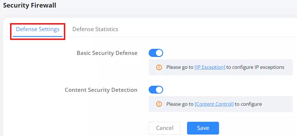 Defense Settings - Documentation Center