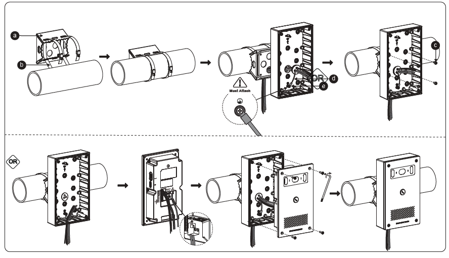 Horizental pole mount - Documentation Center Exploded view of assembling a cylindrical tube into a rectangular electronics enclosure, then attaching mounting plates, wiring, and final cover.