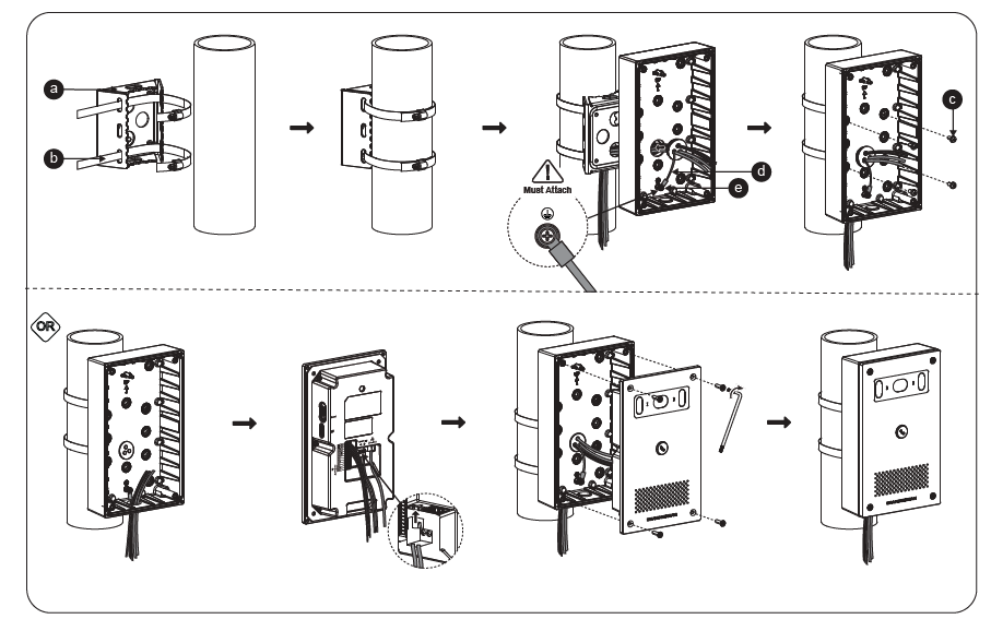 Vertical pole mount - Documentation Center Step-by-step installation diagrams for mounting an electrical enclosure to a vertical pipe: clamp bracket, attach, route wires, then secure the front panel and cover; an alternate wiring-first path is shown.