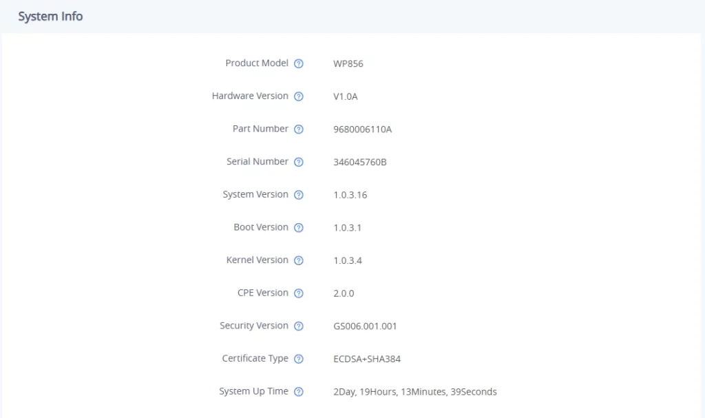 WP856 System Info - Documentation Center