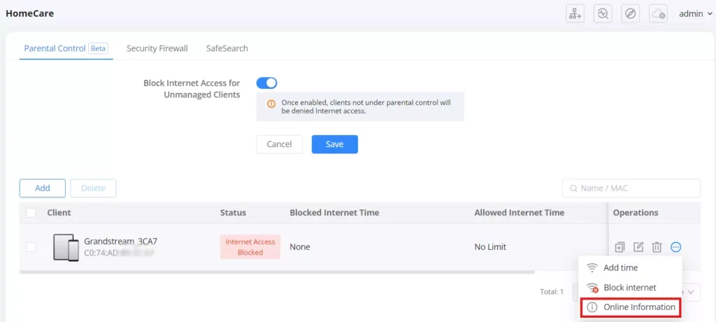 1-homecare-parental-control-Online-Informaiton status internet access blocked - Documentation Center