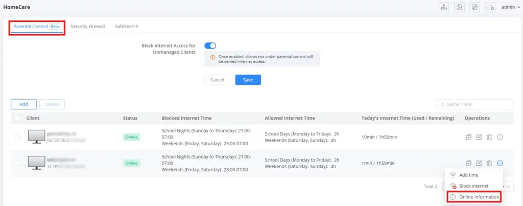 2 Parental-Control-Online-Information status online - Documentation Center