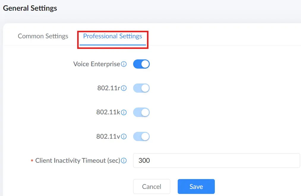 6 wifi settings → general settings → professional settings tab - Documentation Center