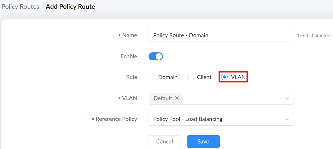 7 policy routes → add a policy route the rule set to vlan - Documentation Center