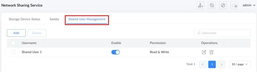 8 usb application → network sharing service → Shared User Management tab click add button to add a user to access the shared - Documentation Center
