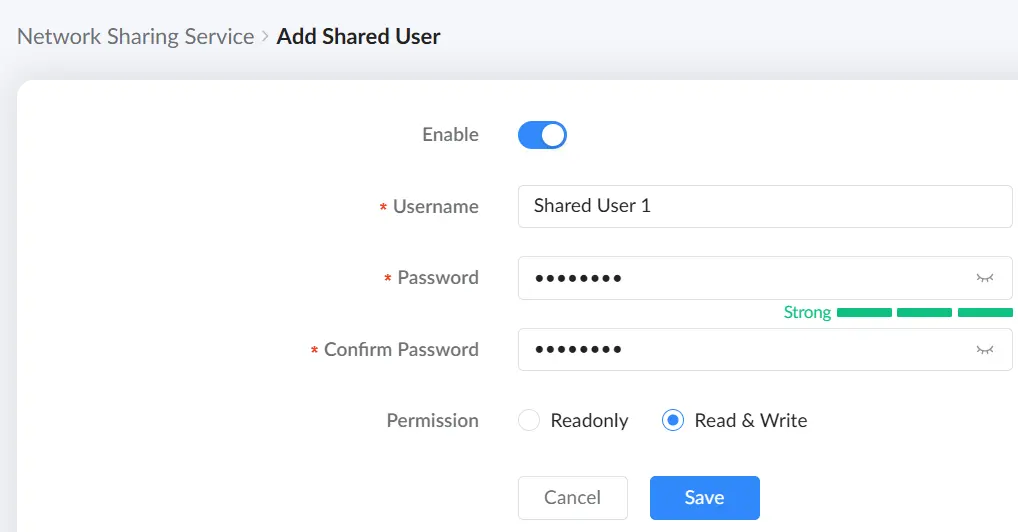 9 usb application → network sharing service → Shared User Management tab add shared user - Documentation Center