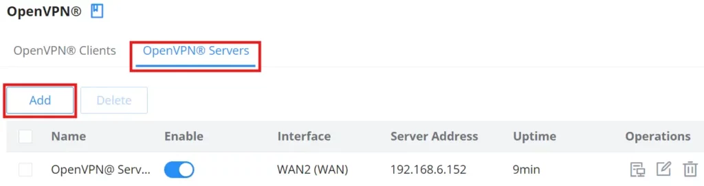 1 router side → first we create the openvpn server click on add to create a new openvpn server - Documentation Center