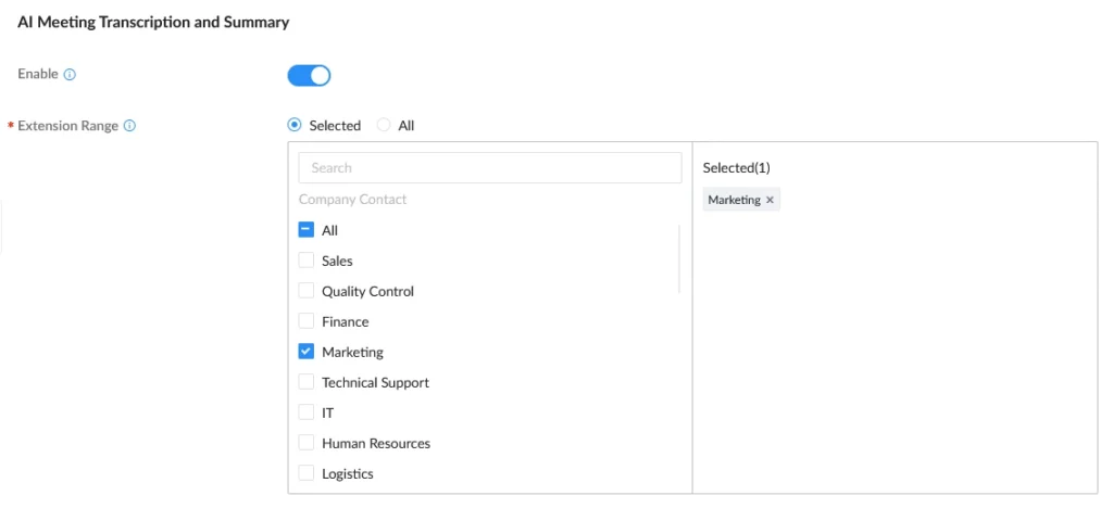 Settings panel for AI Meeting Transcription and Summary; Enable is on, Selected range shows Marketing chosen from department list.
