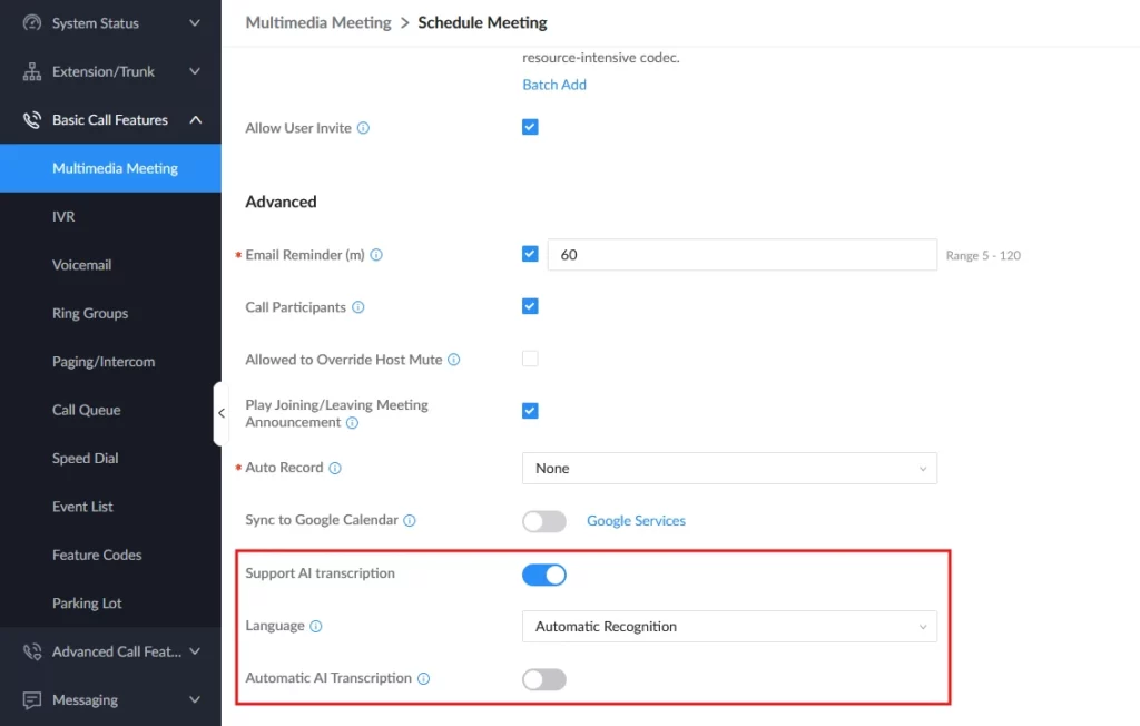 UI screenshot: Multimedia Meeting settings; red-outlined area shows AI transcription options with Support AI transcription on, Language: Automatic Recognition, and Automatic AI Transcription off