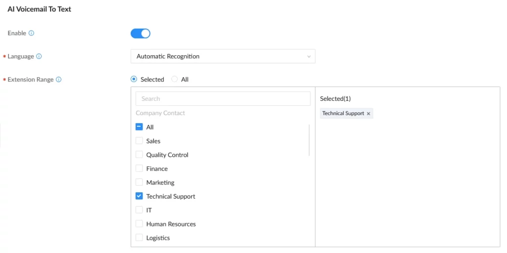 AI Voicemail To Text settings: enable toggle on; language Automatic Recognition; extension range: Selected with department list; Technical Support selected on the right panel.