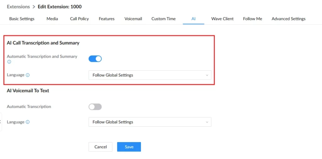 AI Call Transcription and Summary settings with automatic transcription enabled and language set to Follow Global Settings