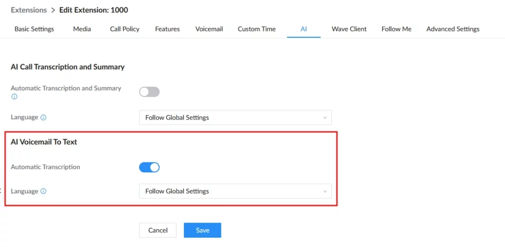 Settings screen: AI Voicemail To Text with Automatic Transcription on and language set to Follow Global Settings