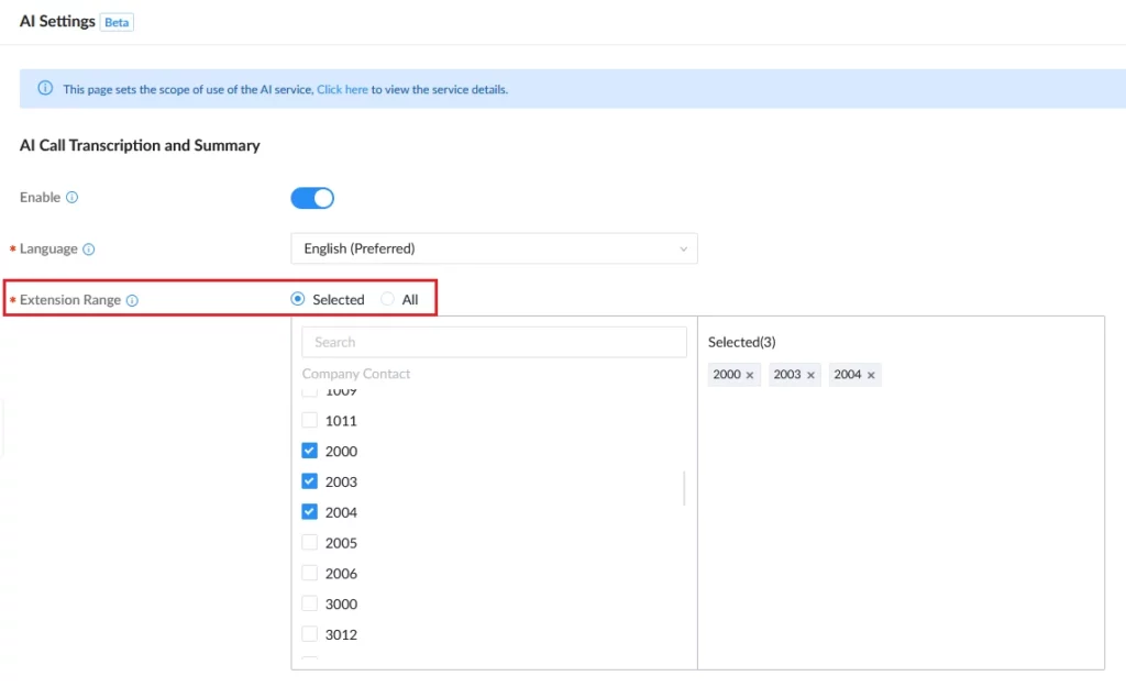Extension_Range_for_AI_Call_Transcription_and_Summary - Documentation Center