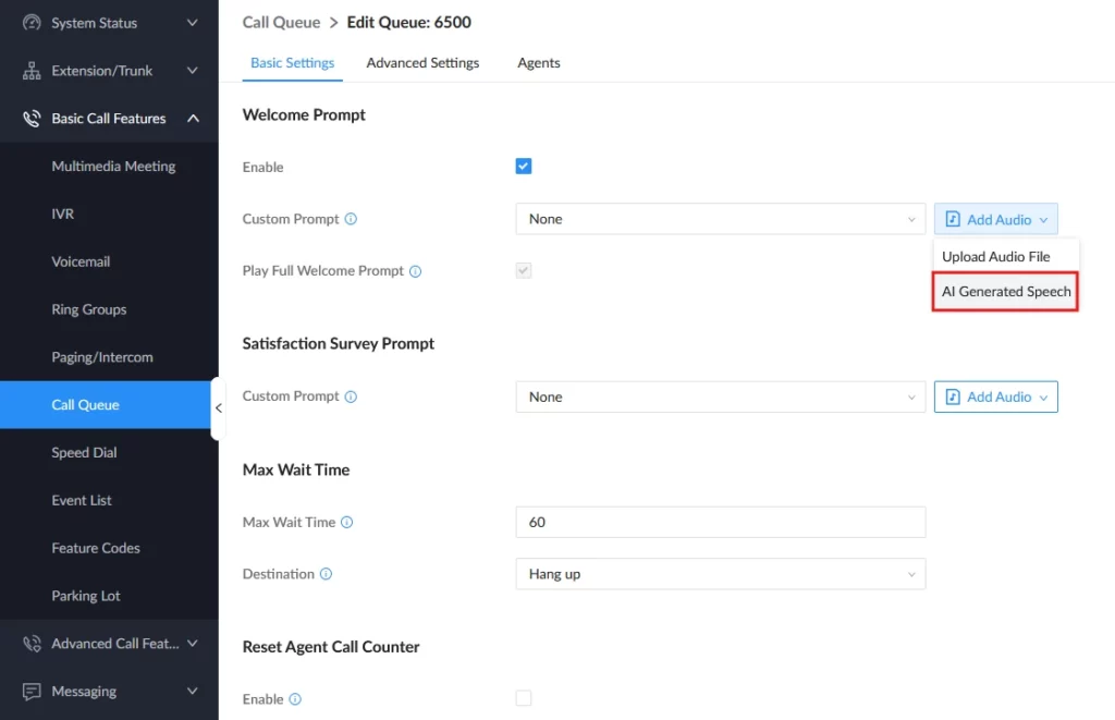 UI screenshot of Call Queue settings: Basic Settings tab with Welcome Prompt area and Add Audio menu (AI Generated Speech highlighted).