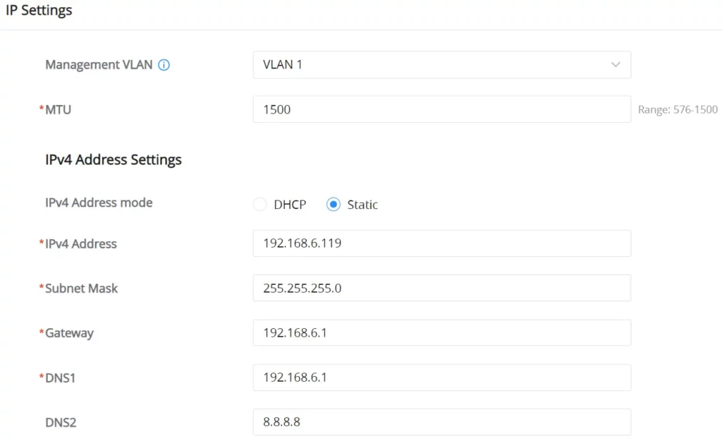 771x IP settings - Documentation Center IP Settings form showing VLAN, MTU 1500, and IPv4 Static settings: address 192.168.6.119, subnet 255.255.255.0, gateway 192.168.6.1, DNS1 192.168.6.1, DNS2 8.8.8.8.