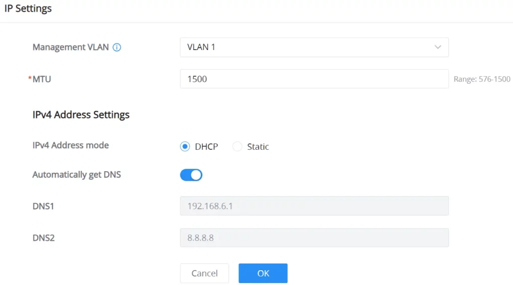 771x management vlan - Documentation Center IP Settings panel showing VLAN 1 and MTU 1500; IPv4 settings set to DHCP with DNS auto enabled, DNS1 192.168.6.1 and DNS2 8.8.8.8, with Cancel and OK buttons