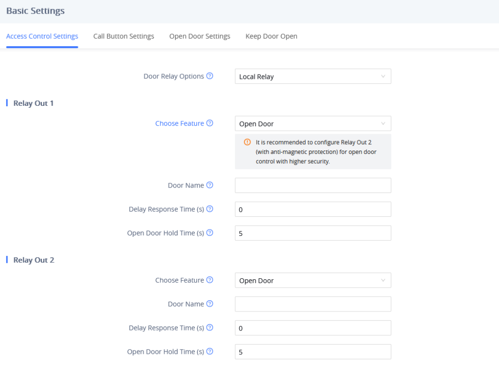 Basic Settings UI for door control with two relay outs: Relay Out 1 uses Local Relay to Open Door (Delay 0s, Hold 5s) and Relay Out 2 is set to Open Door (Hold 5s); fields for door name and feature selections shown.