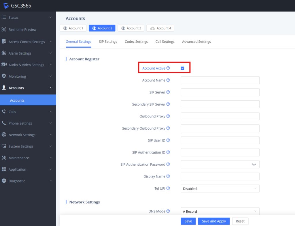 Accounts settings page with the Account Active checkbox highlighted in red, showing fields for Account Name, SIP Server, proxies, and Save options in a left-hand navigation layout.