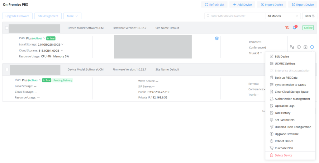 Add SoftwareUCM to GDMS - Documentation Center On-Premise PBX dashboard showing two SoftwareUCM devices with plan, storage, and status details; actions menu open for a device.