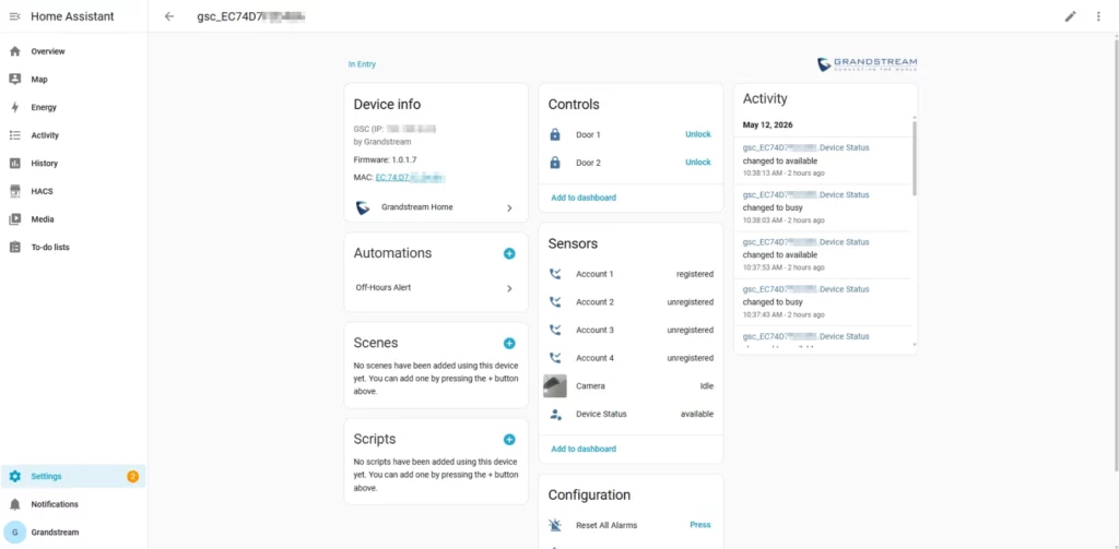 Added Device - Documentation Center Home Assistant dashboard showing device info, controls, sensors, and activity panels with a left navigation menu and Grandstream branding on top right