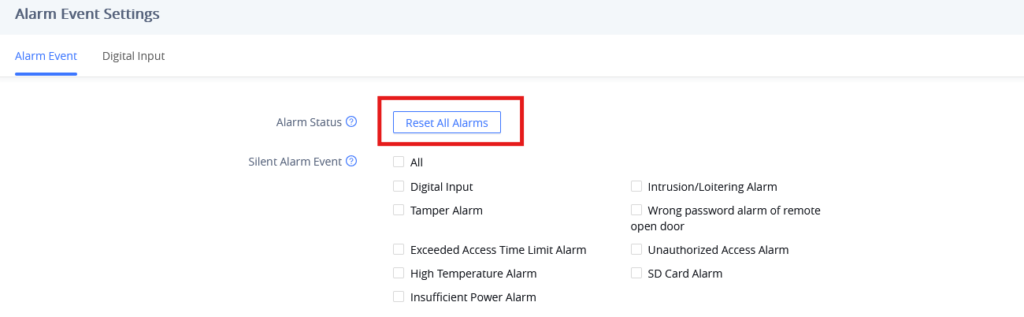 Alarm Event Settings page showing a blue 'Reset All Alarms' button highlighted; a list of silent alarm options with checkboxes is visible below.