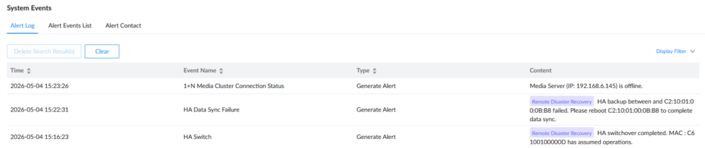 Alerts - Documentation Center System Events Alert Log table with three entries showing time, event name, type, and content (offline media server, disaster recovery notes, and switch operation).