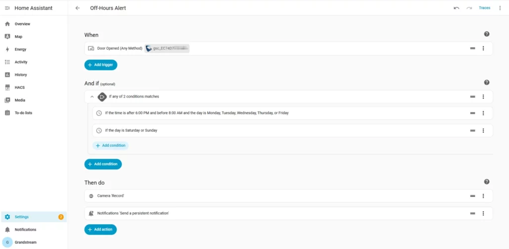 Automation Created - Documentation Center Automation editor: Off-Hours Alert rule - When a door opens, and if time is after 6 PM on weekdays (Mon–Fri) or on weekends, then camera records and a persistent notification is sent.