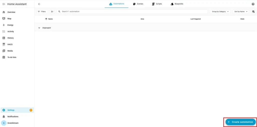 Automations - Documentation Center Home Assistant Automations page showing an empty automations list and a prominent Create automation button in the bottom-right.