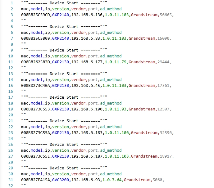 Device List CSV Format - Documentation Center Configuration snippet showing multiple 'Device Start' blocks for Grandstream phones (GXP2130/GXP2140) with MACs, IPs (192.168.6.x), and ad_method details.